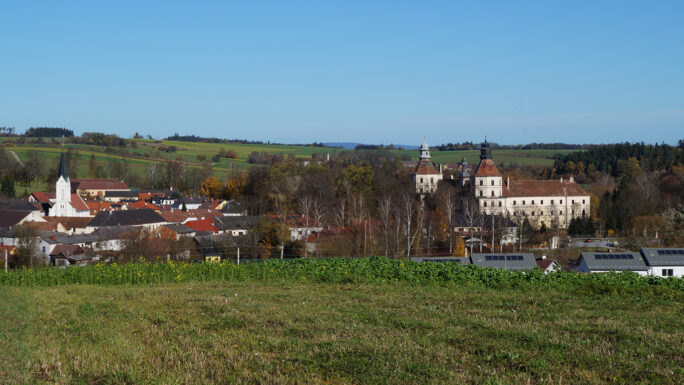 Blick über grüne Wiesen auf die Gemeinde Schwarzenau