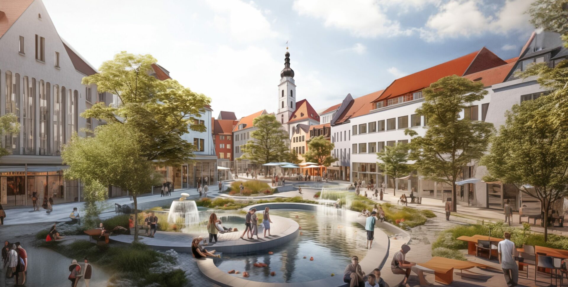 Zukunftsfitter Dorfplatz mit Bäumen und Wasserspiel