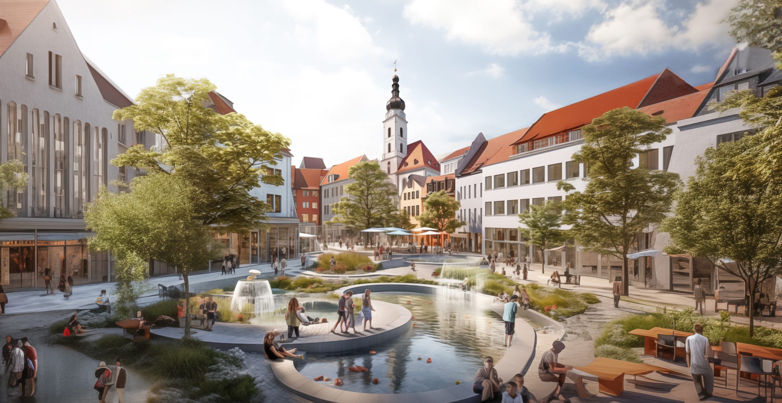 Zukunftsfitter Dorfplatz mit Bäumen und Wasserspiel