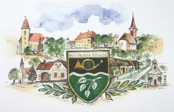 Zeichnung der drei Katastralgemeinden Perschling, Murstetten und Weißenkirchen, im Vordergrund das Gemeindewappen